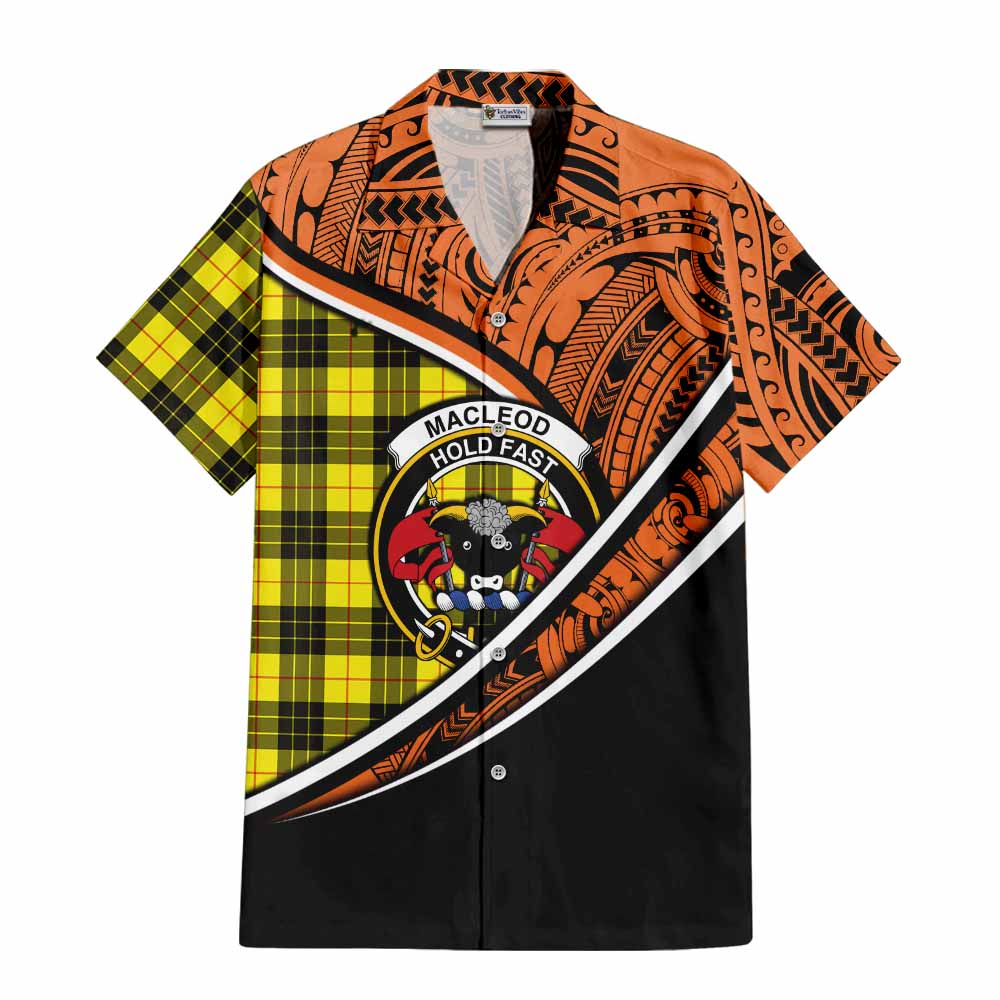 Tartan Vibes Clothing MacLeod (McLeod) Crest Tartan Short Sleeve Button Shirt with Maori Tattoo Style - Orange Version