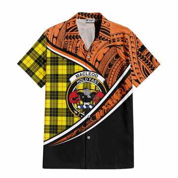 MacLeod (McLeod) Crest Tartan Short Sleeve Button Shirt with Polynesian Vibes Style - Orange Version