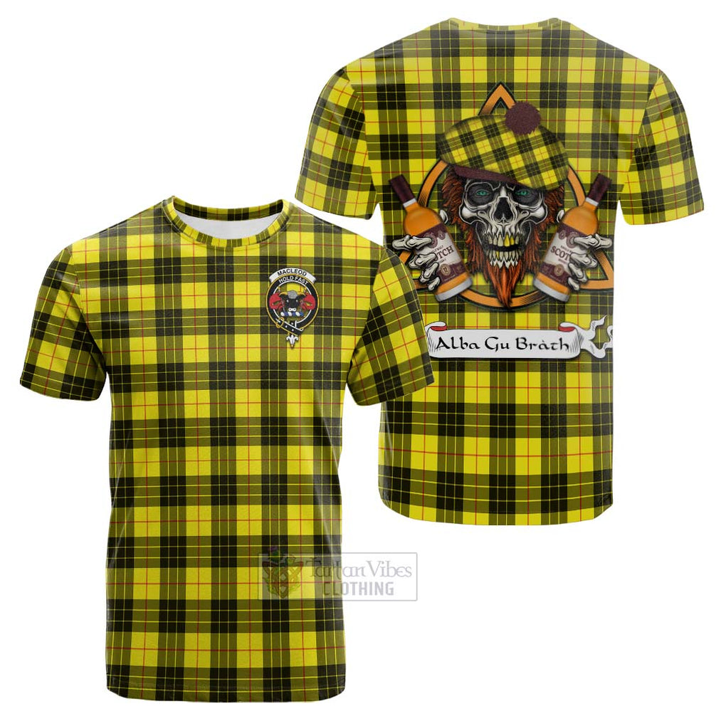 Tartan Vibes Clothing MacLeod (McLeod) Tartan Cotton T-shirt with Family Crest and Bearded Skull Holding Bottles of Whiskey