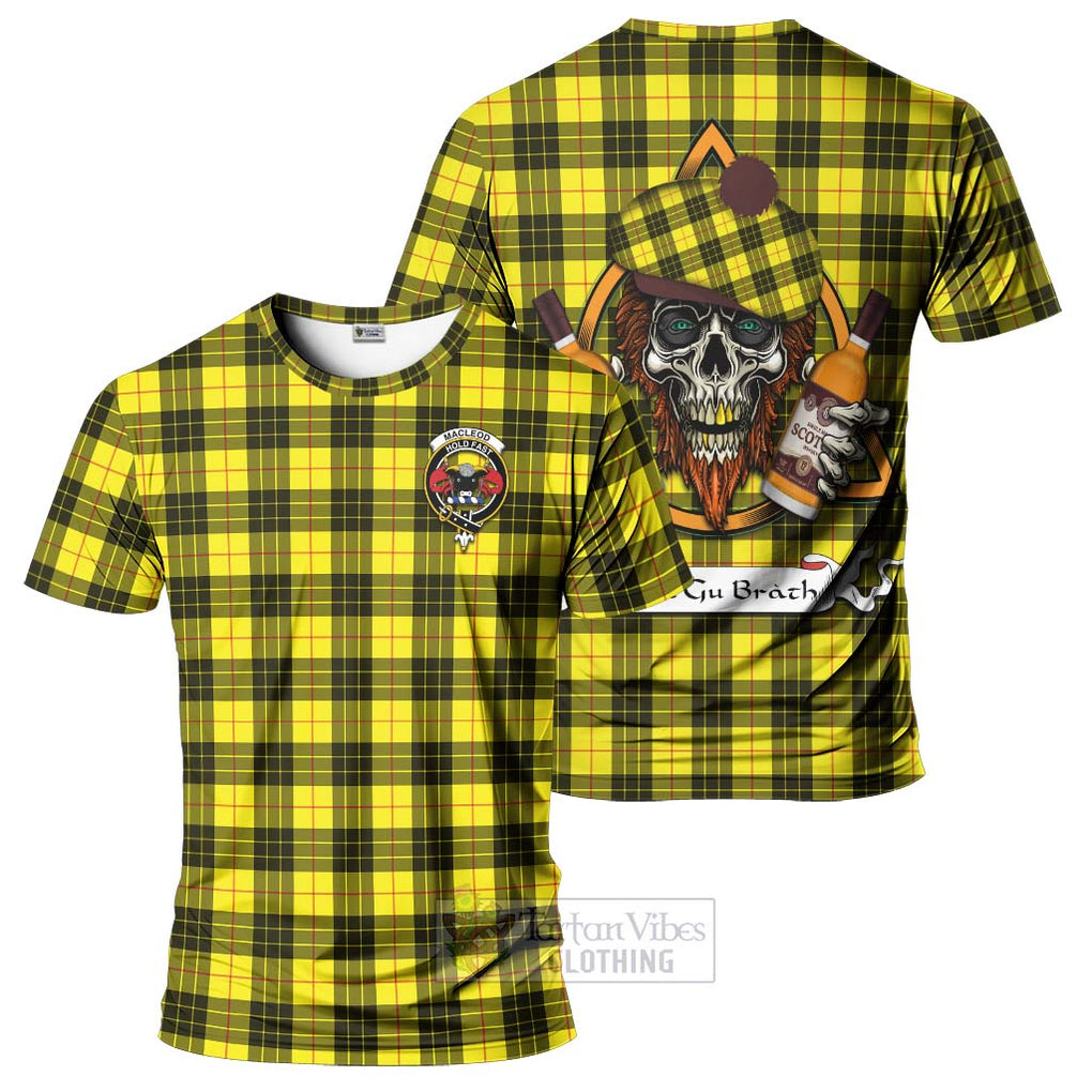 Tartan Vibes Clothing MacLeod (McLeod) Tartan T-Shirt with Family Crest and Bearded Skull Holding Bottles of Whiskey