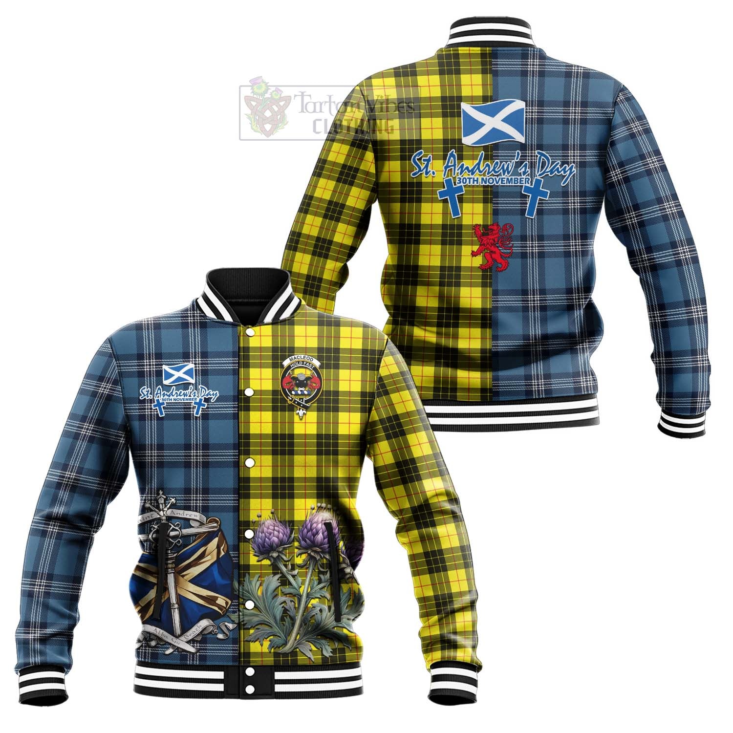 Tartan Vibes Clothing MacLeod (McLeod) Tartan Baseball Jacket Happy St. Andrew's Day Half Tartan Style