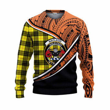 MacLeod (McLeod) Crest Tartan Knitted Sweater with Polynesian Vibes Style - Orange Version