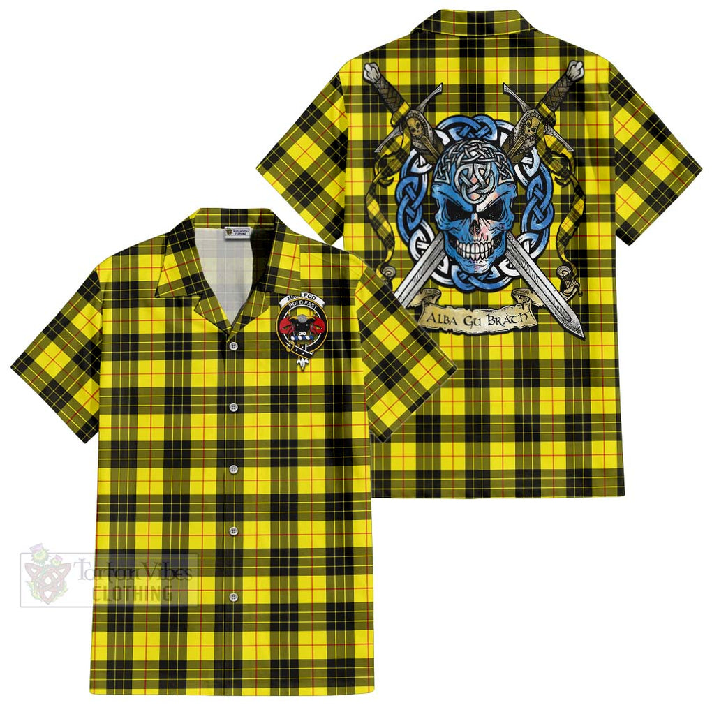 Tartan Vibes Clothing MacLeod (McLeod) Tartan Short Sleeve Button Shirt with Family Crest Celtic Skull Style