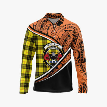 MacLeod (McLeod) Crest Tartan Long Sleeve Polo Shirt with Polynesian Vibes Style - Orange Version