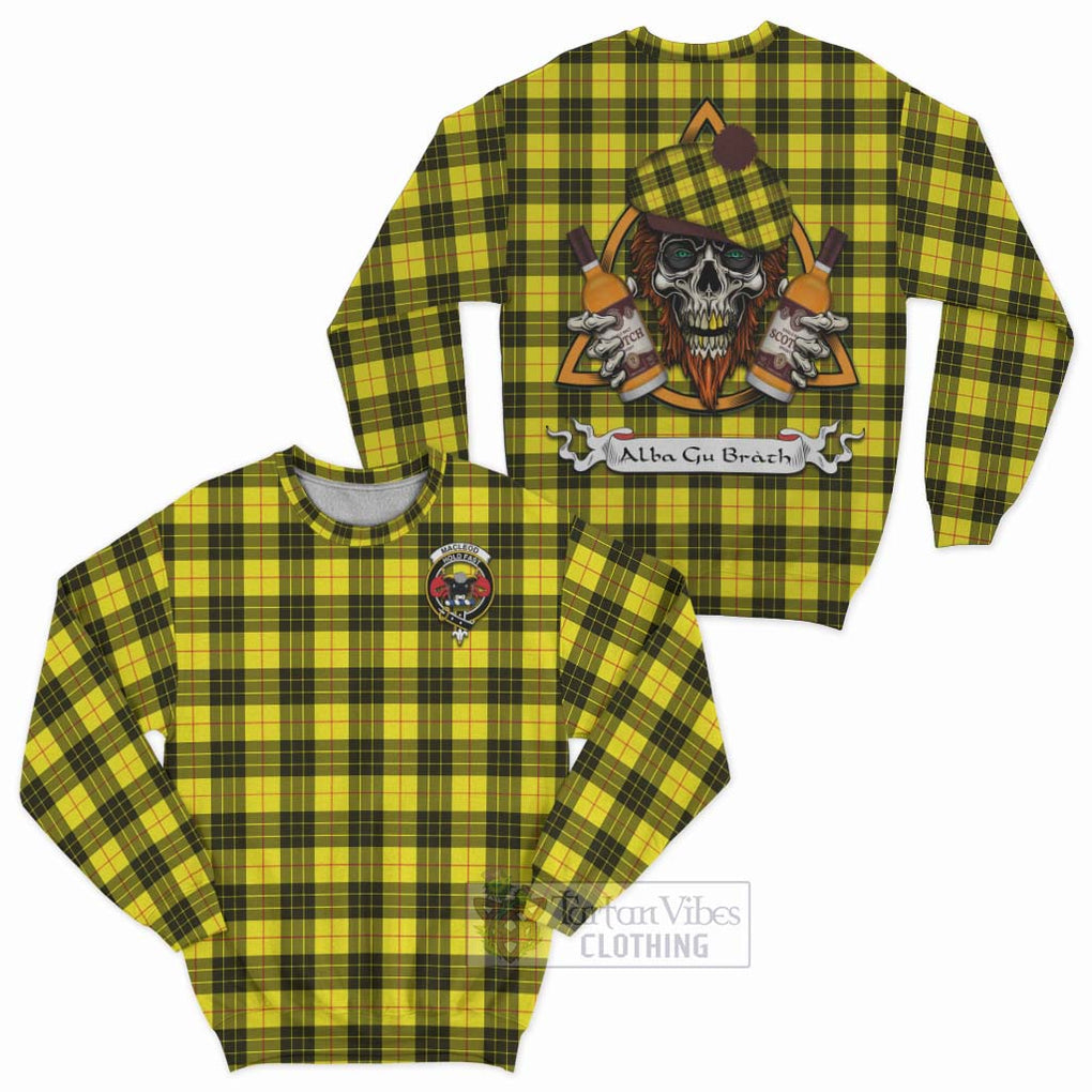 Tartan Vibes Clothing MacLeod (McLeod) Tartan Sweatshirt with Family Crest and Bearded Skull Holding Bottles of Whiskey