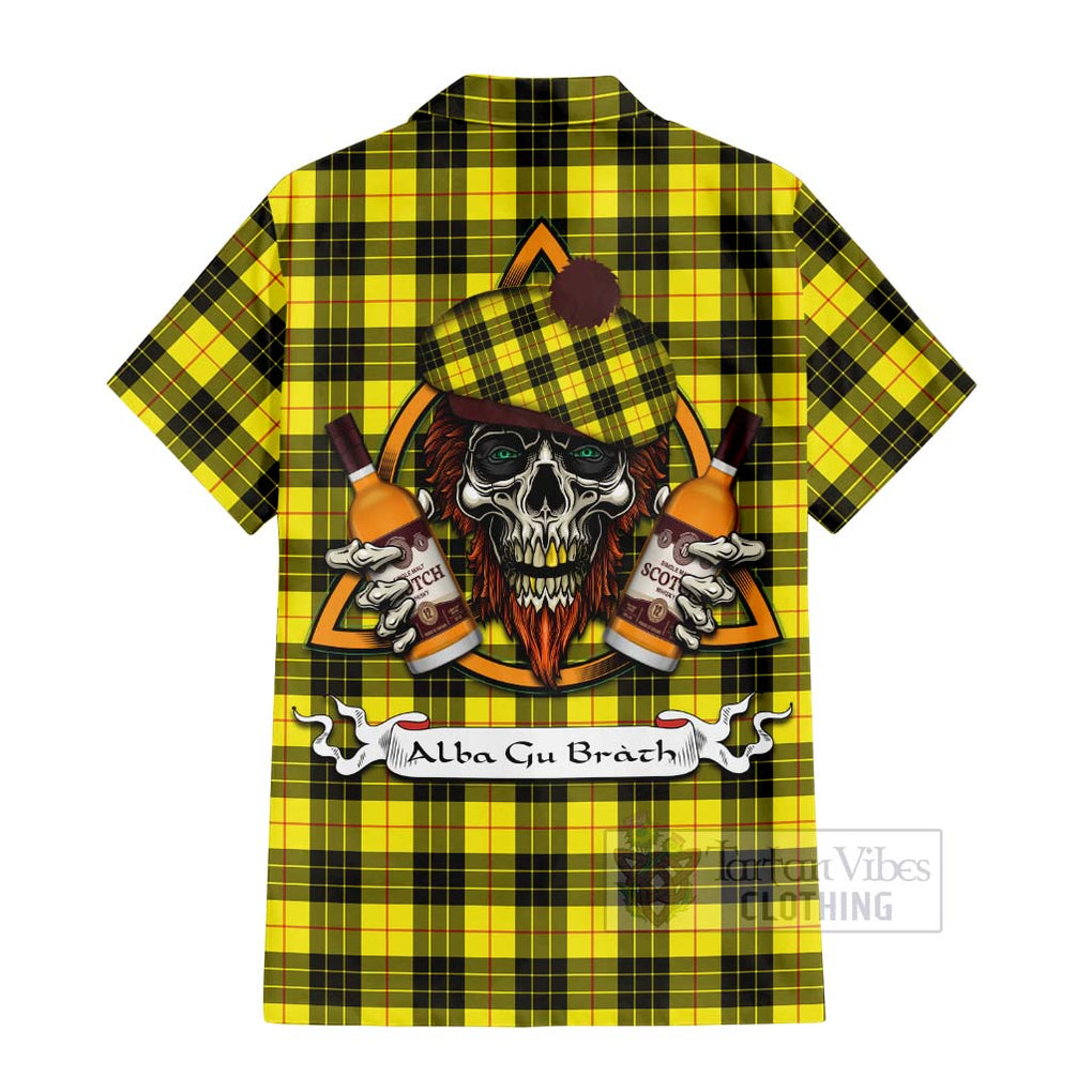 Tartan Vibes Clothing MacLeod (McLeod) Tartan Short Sleeve Button Shirt with Family Crest and Bearded Skull Holding Bottles of Whiskey