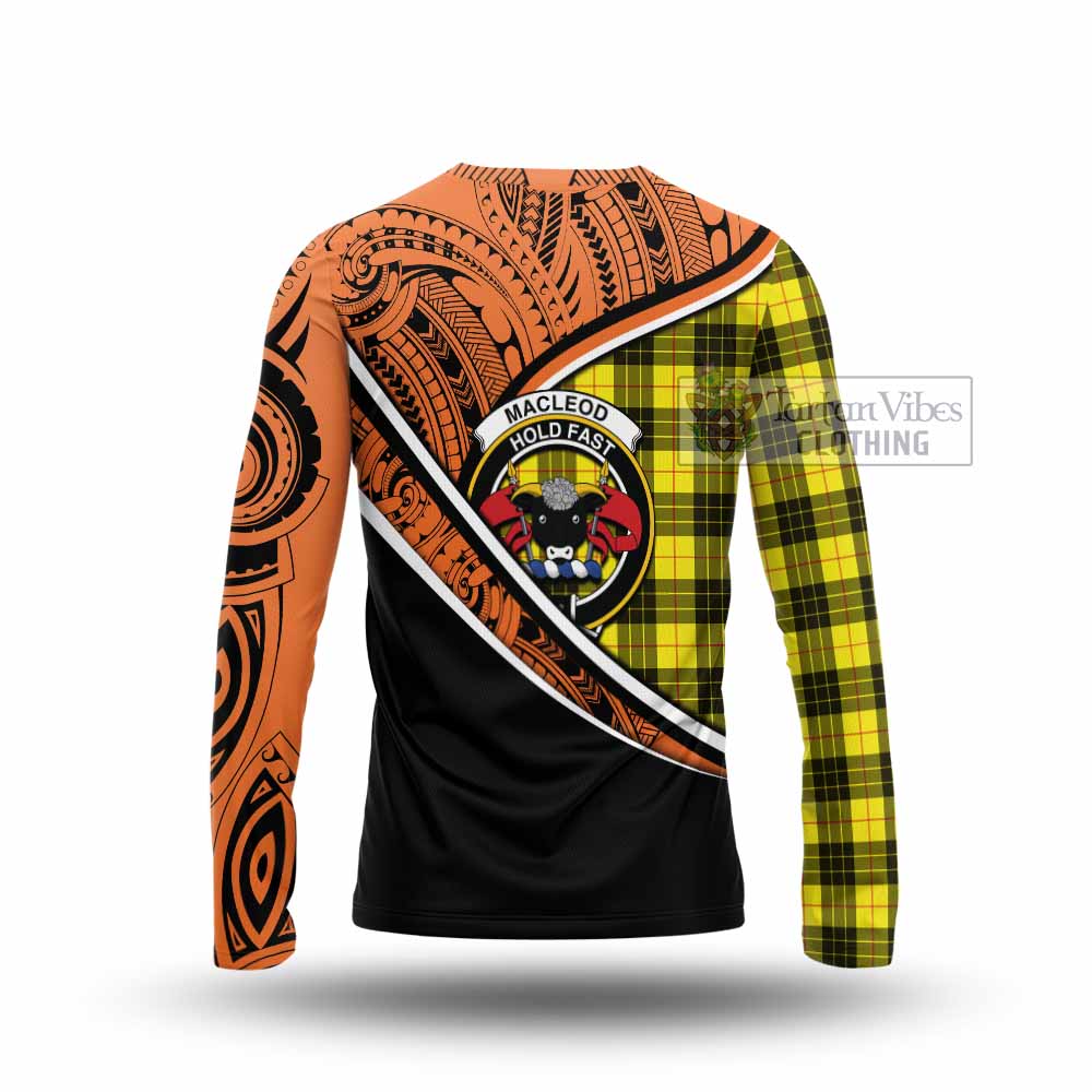 Tartan Vibes Clothing MacLeod (McLeod) Crest Tartan Long Sleeve T-Shirt with Maori Tattoo Style - Orange Version