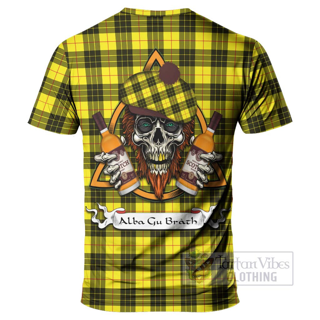 Tartan Vibes Clothing MacLeod (McLeod) Tartan T-Shirt with Family Crest and Bearded Skull Holding Bottles of Whiskey