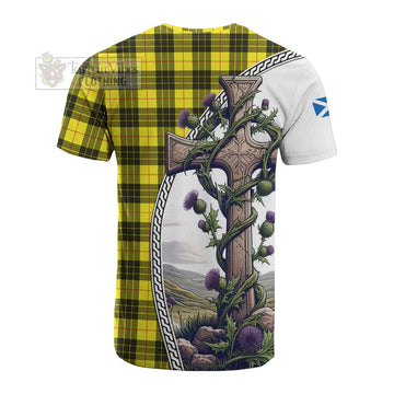 MacLeod (McLeod) Tartan Cotton T-shirt with Family Crest and St. Andrew's Cross Accented by Thistle Vines