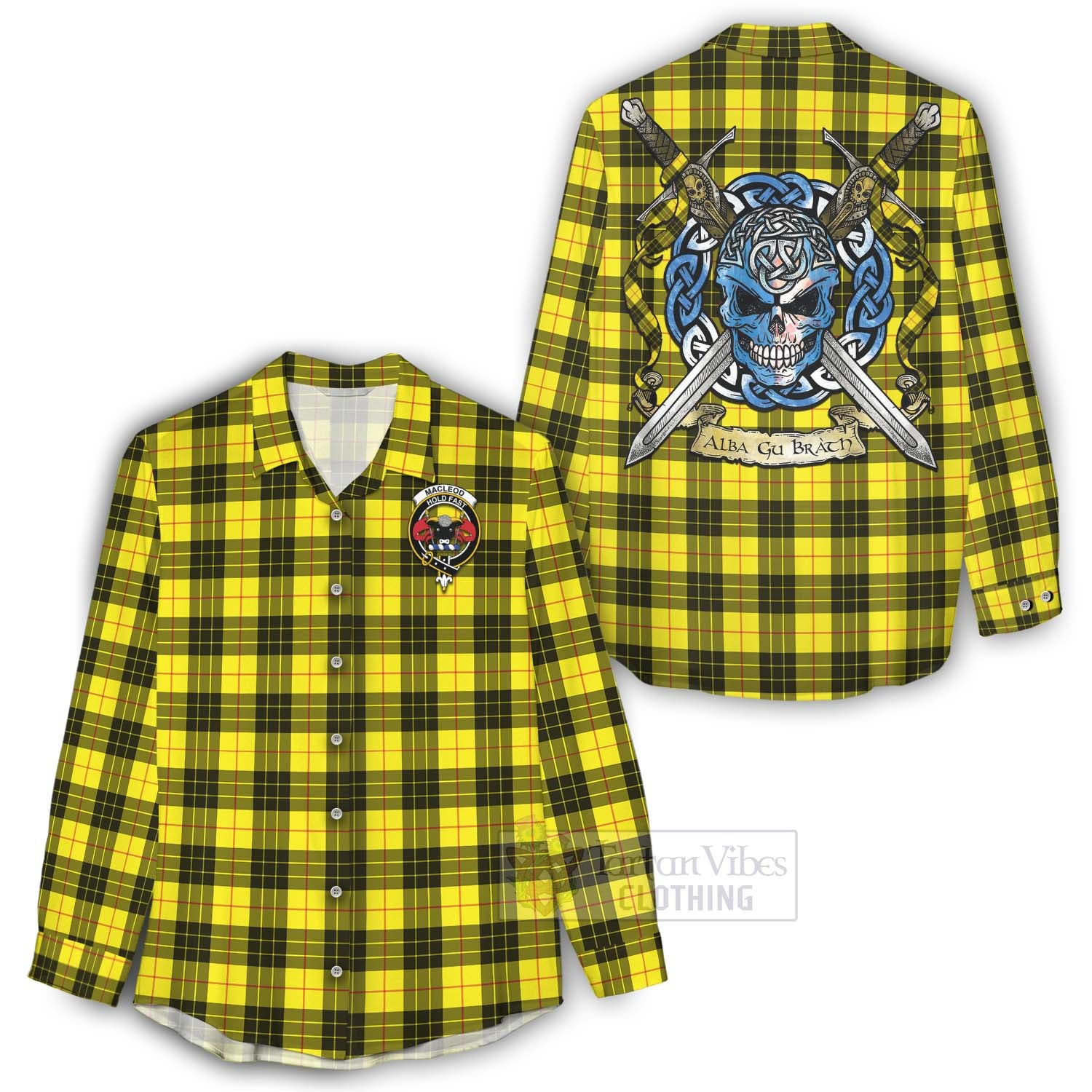 Tartan Vibes Clothing MacLeod (McLeod) Tartan Women's Casual Shirt with Family Crest Celtic Skull Style