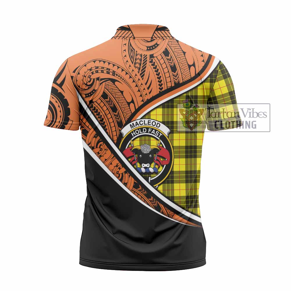 Tartan Vibes Clothing MacLeod (McLeod) Crest Tartan Zipper Polo Shirt with Maori Tattoo Style - Orange Version