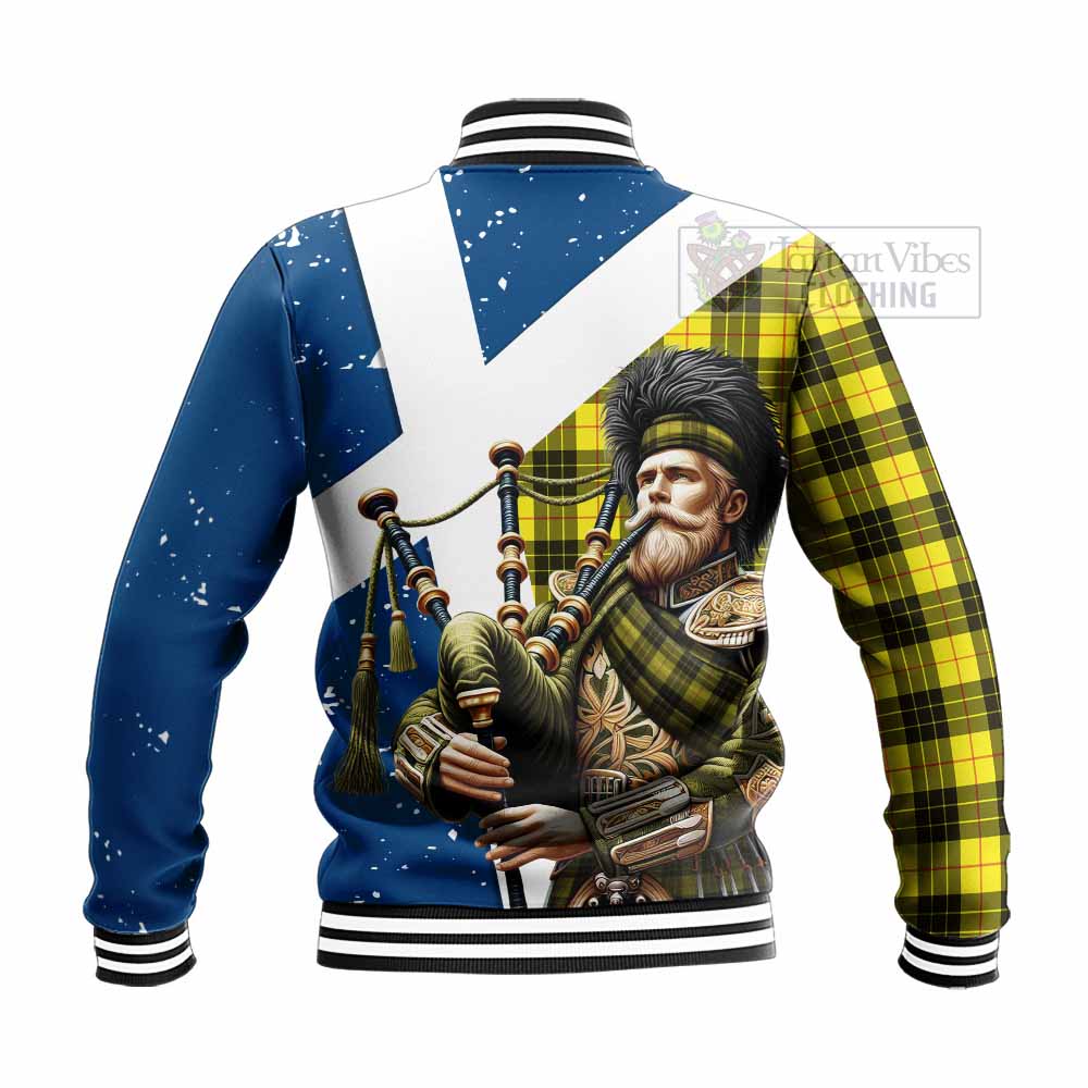 Tartan Vibes Clothing MacLeod (McLeod) Tartan Baseball Jacket with Family Crest Scottish Bagpiper Vibes