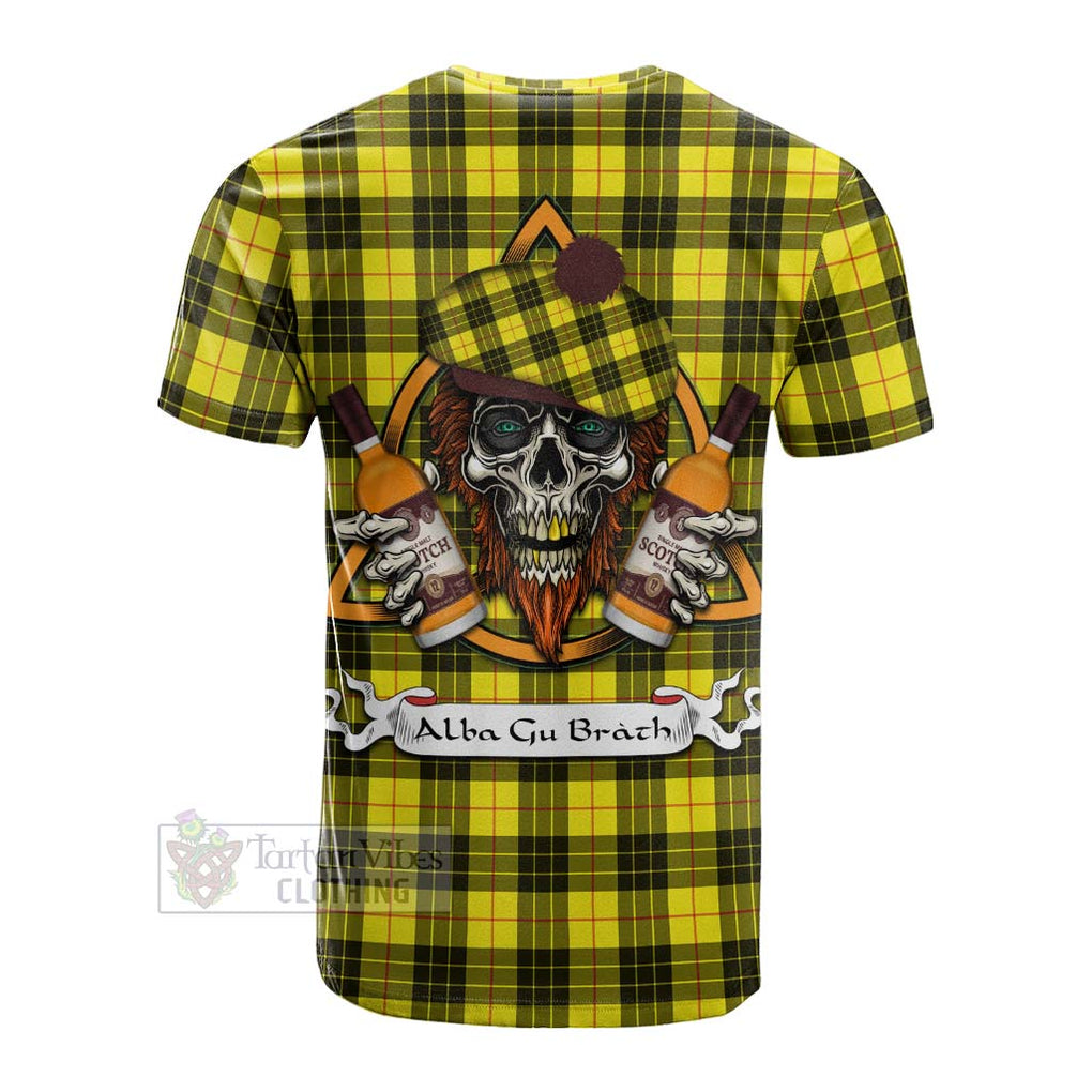 Tartan Vibes Clothing MacLeod (McLeod) Tartan Cotton T-shirt with Family Crest and Bearded Skull Holding Bottles of Whiskey