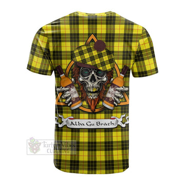 MacLeod (McLeod) Tartan Cotton T-shirt with Family Crest and Bearded Skull Holding Bottles of Whiskey