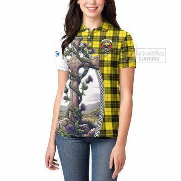 MacLeod (McLeod) Tartan Women's Polo Shirt with Family Crest and St. Andrew's Cross Accented by Thistle Vines