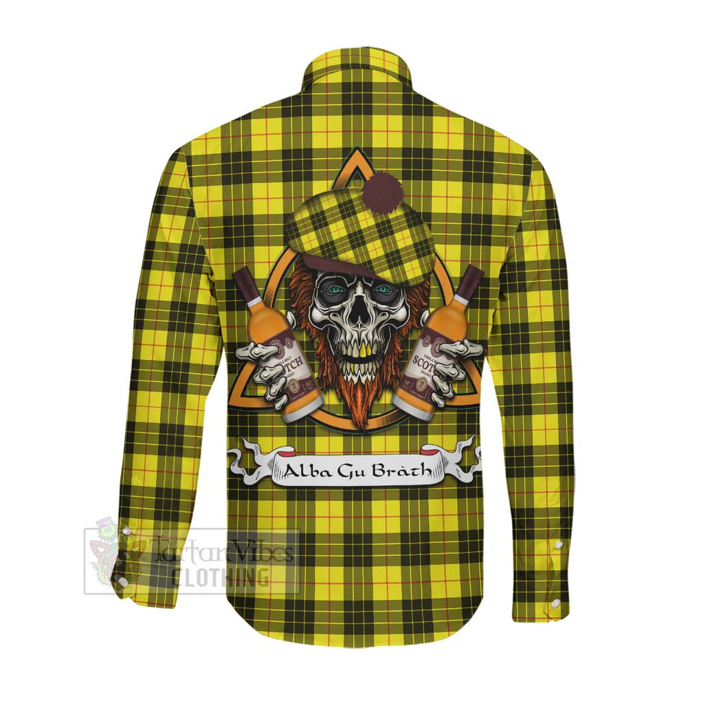 Tartan Vibes Clothing MacLeod (McLeod) Tartan Long Sleeve Button Shirt with Family Crest and Bearded Skull Holding Bottles of Whiskey