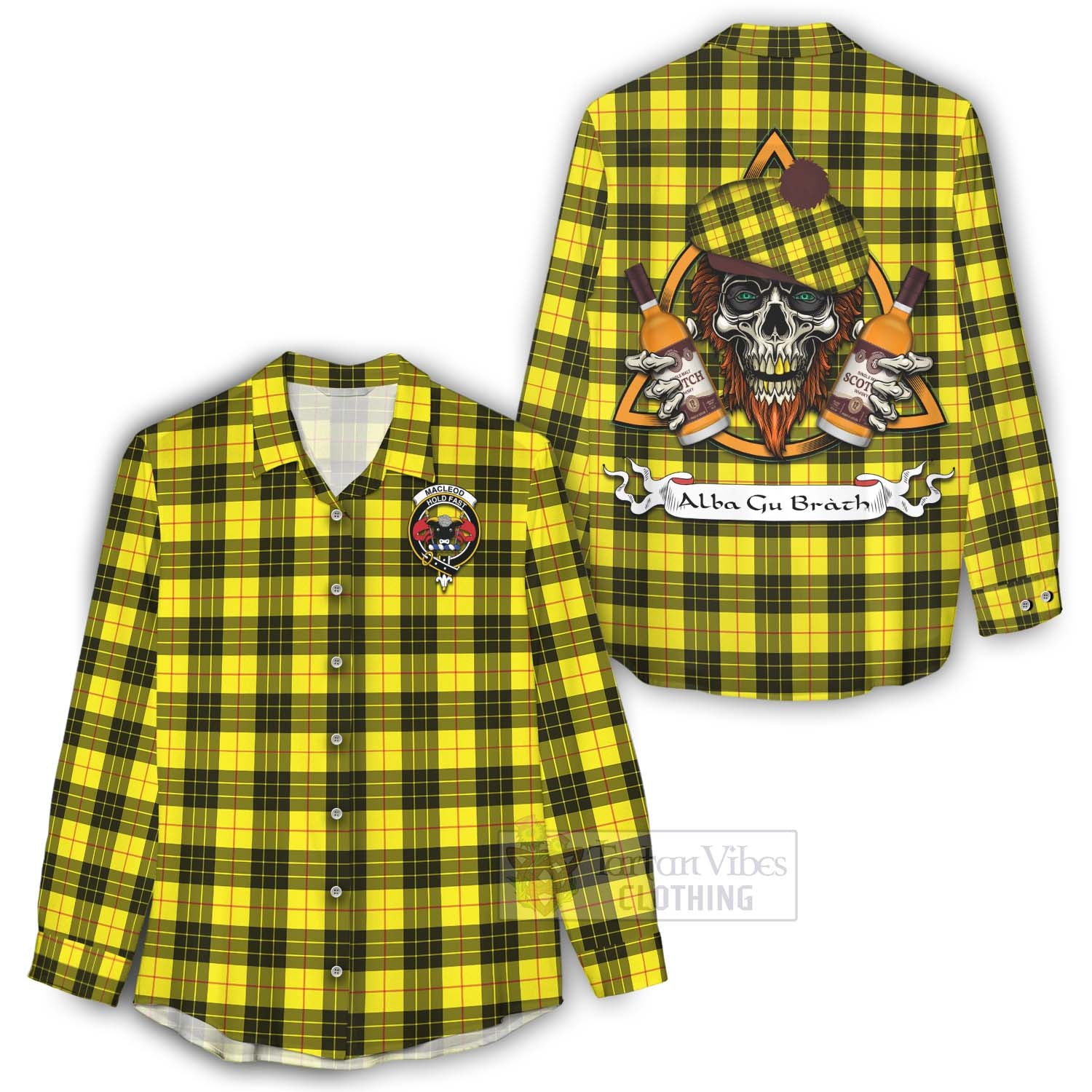 Tartan Vibes Clothing MacLeod (McLeod) Tartan Women's Casual Shirt with Family Crest and Bearded Skull Holding Bottles of Whiskey