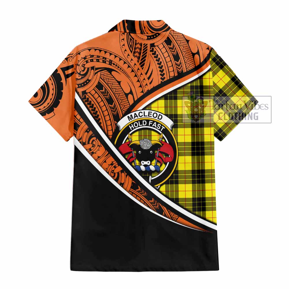 Tartan Vibes Clothing MacLeod (McLeod) Crest Tartan Short Sleeve Button Shirt with Maori Tattoo Style - Orange Version