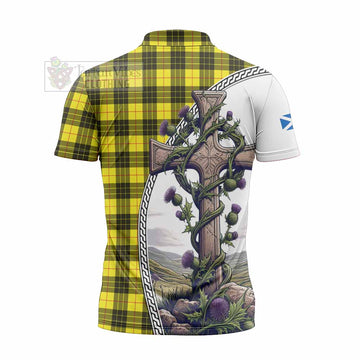 MacLeod (McLeod) Tartan Zipper Polo Shirt with Family Crest and St. Andrew's Cross Accented by Thistle Vines