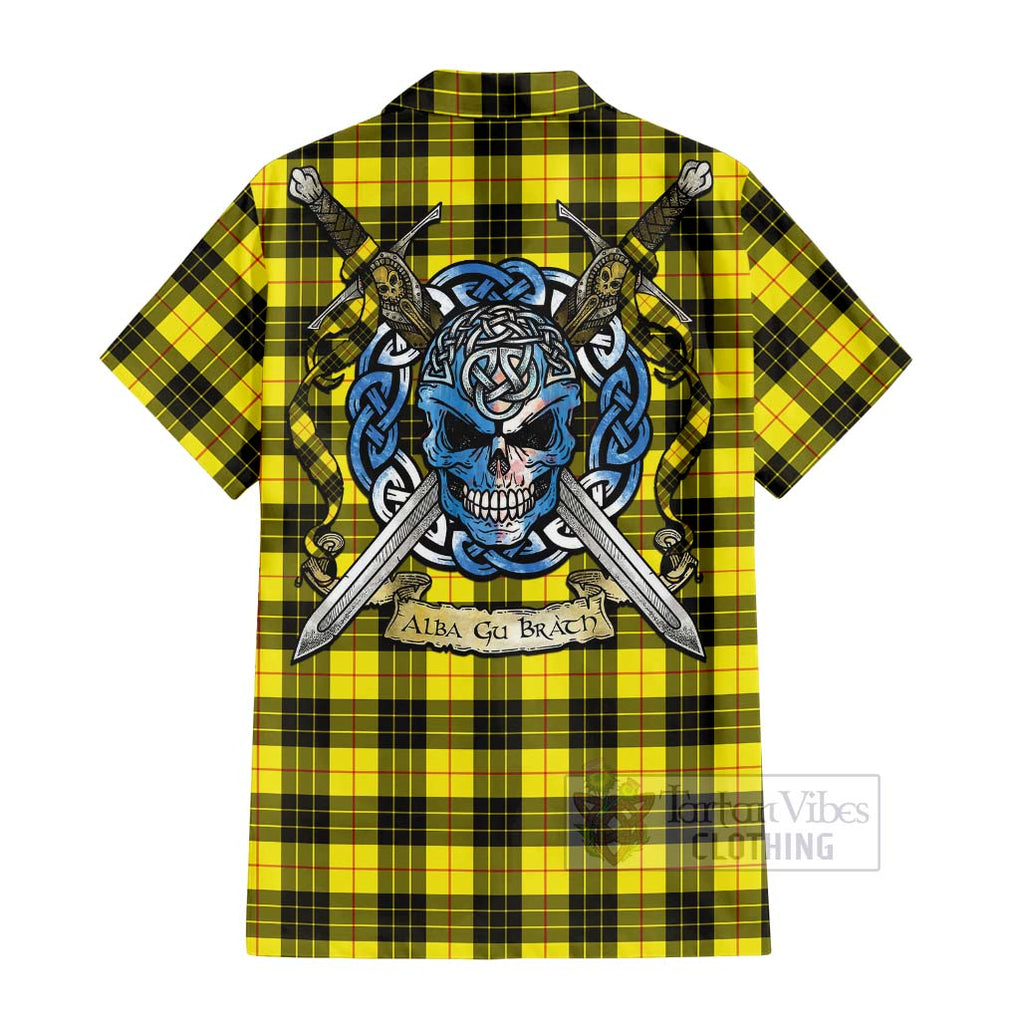 Tartan Vibes Clothing MacLeod (McLeod) Tartan Short Sleeve Button Shirt with Family Crest Celtic Skull Style