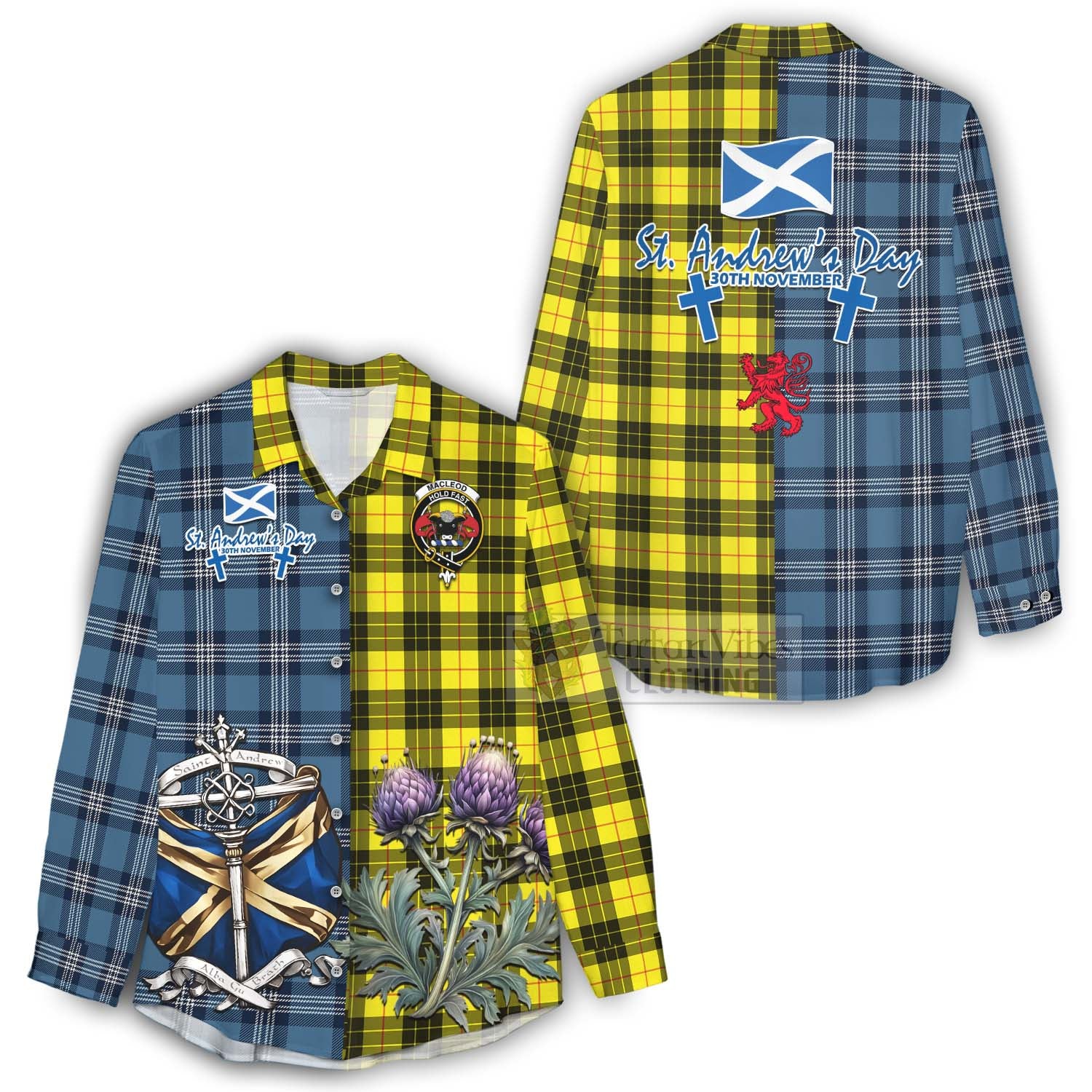 Tartan Vibes Clothing MacLeod (McLeod) Tartan Women's Casual Shirt Happy St. Andrew's Day Half Tartan Style