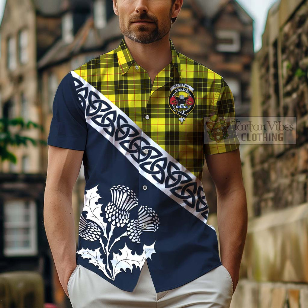 Tartan Vibes Clothing MacLeod (McLeod) Tartan Short Sleeve Button Shirt Featuring Thistle and Scotland Map