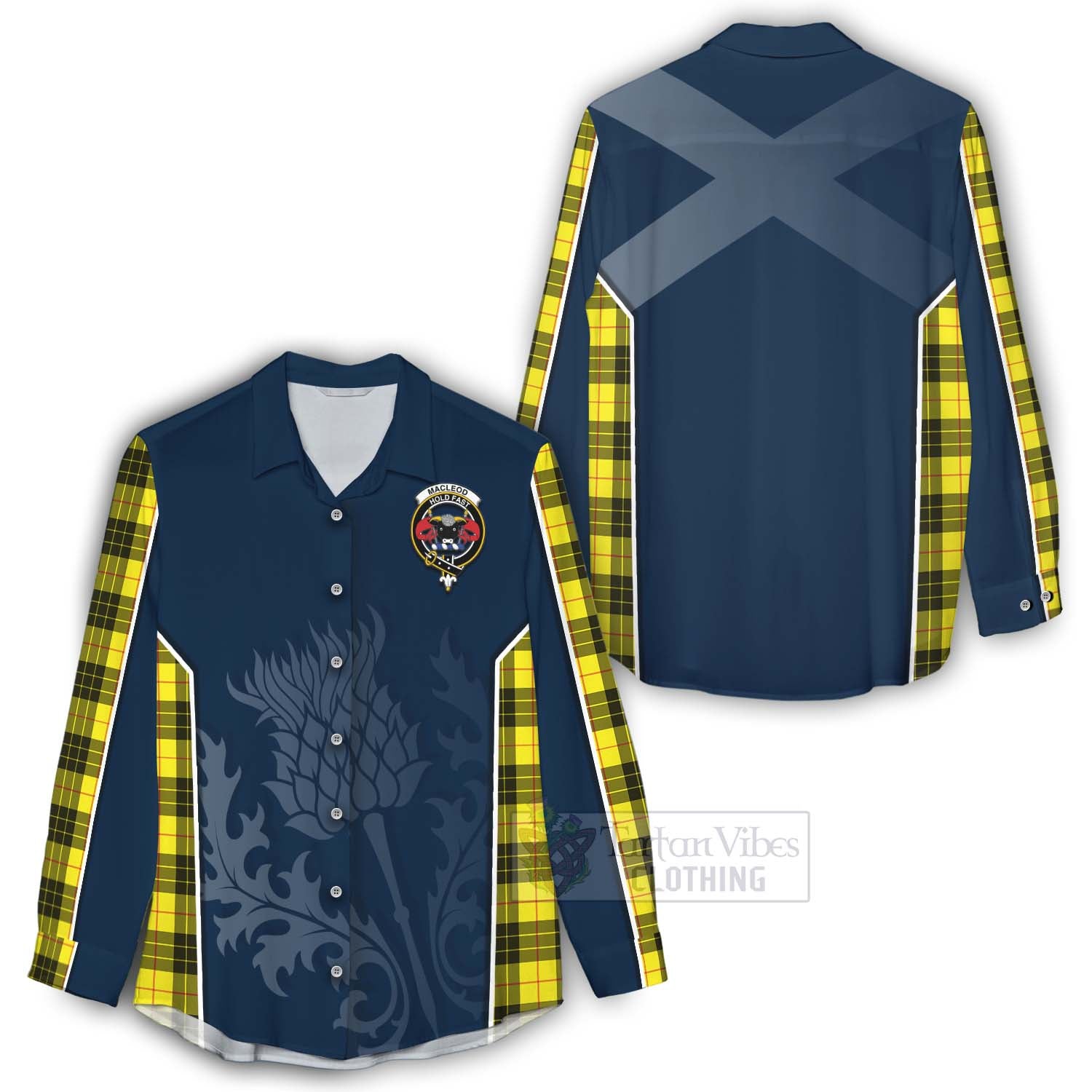 Tartan Vibes Clothing MacLeod (McLeod) Tartan Women's Casual Shirt with Family Crest and Scottish Thistle Vibes Sport Style