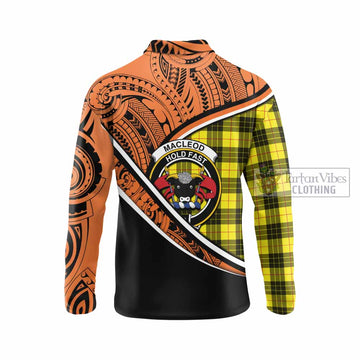 MacLeod (McLeod) Crest Tartan Long Sleeve Polo Shirt with Polynesian Vibes Style - Orange Version