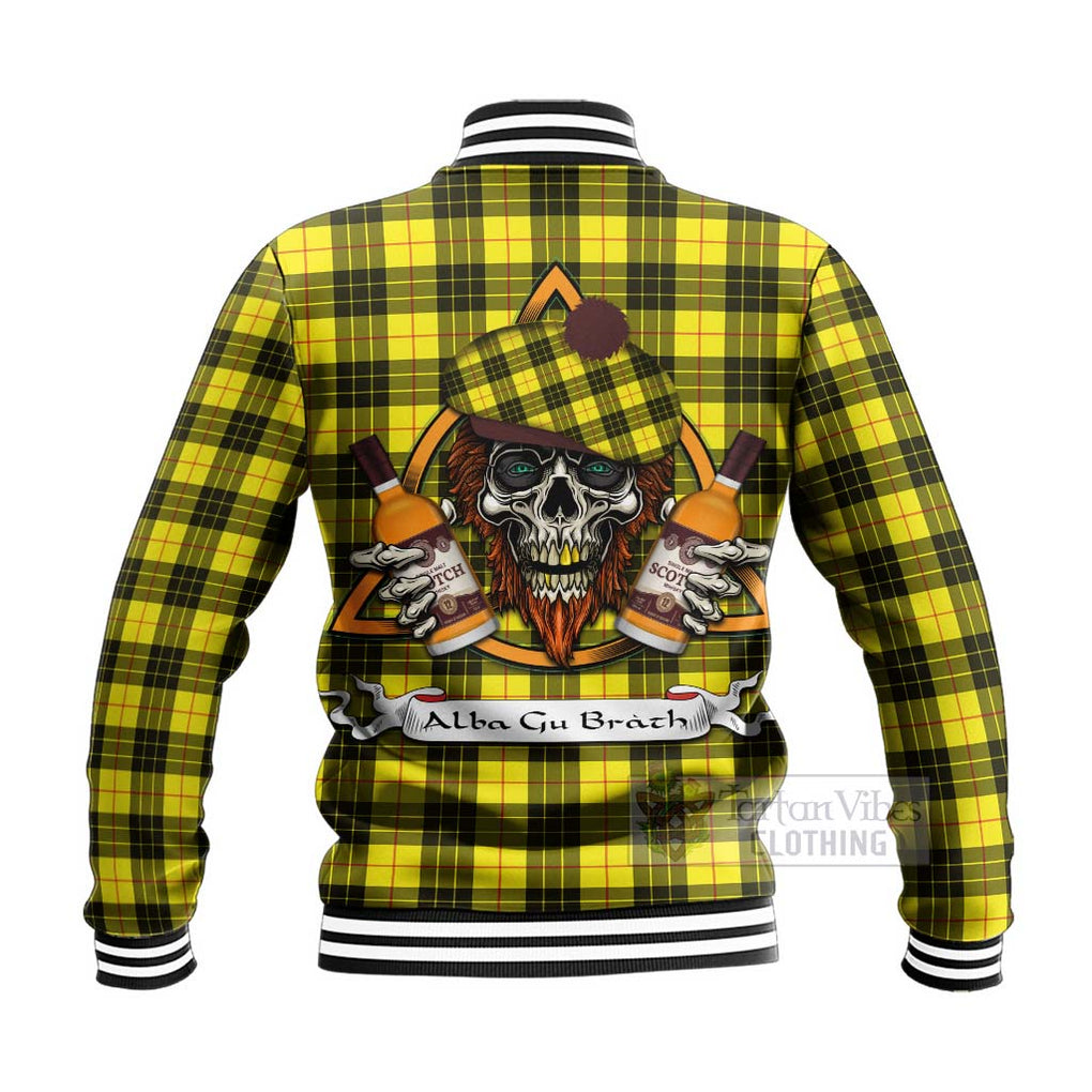 Tartan Vibes Clothing MacLeod (McLeod) Tartan Baseball Jacket with Family Crest and Bearded Skull Holding Bottles of Whiskey