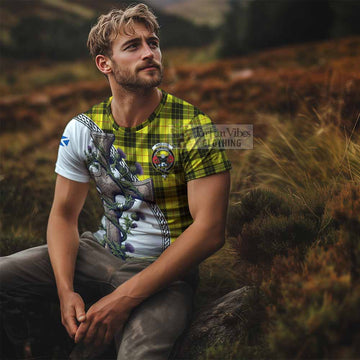 MacLeod (McLeod) Tartan T-Shirt with Family Crest and St. Andrew's Cross Accented by Thistle Vines