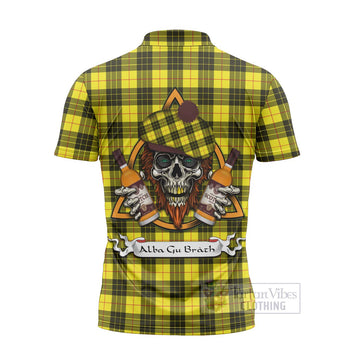 MacLeod (McLeod) Tartan Zipper Polo Shirt with Family Crest and Bearded Skull Holding Bottles of Whiskey