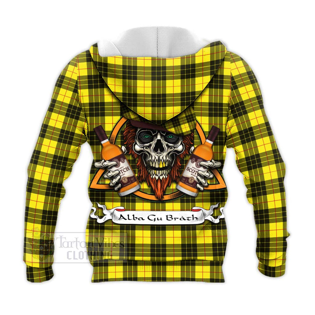 Tartan Vibes Clothing MacLeod (McLeod) Tartan Knitted Hoodie with Family Crest and Bearded Skull Holding Bottles of Whiskey