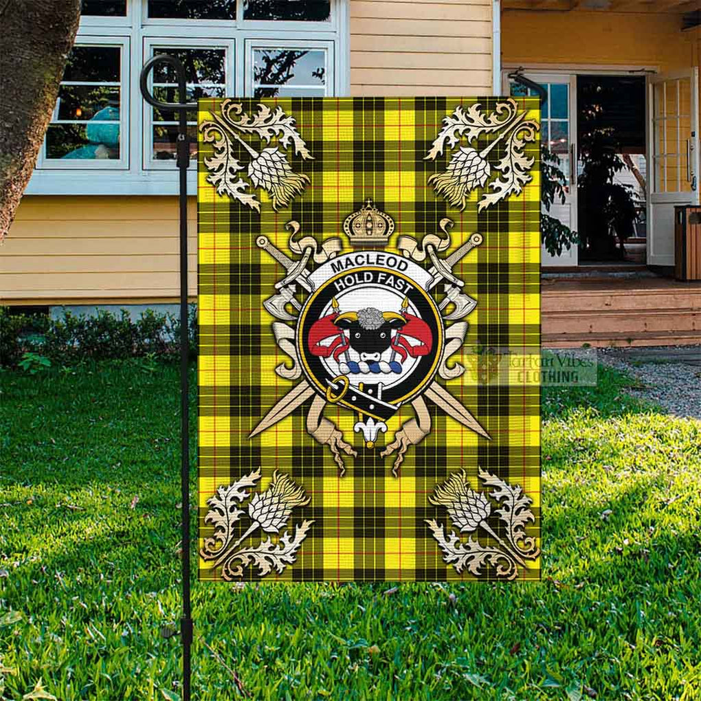 Tartan Vibes Clothing MacLeod (McLeod) Tartan Flag with Family Crest and Golden Thistle Crossed Sword Design