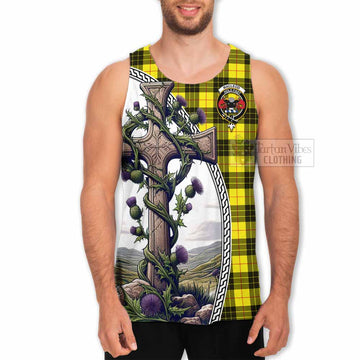 MacLeod (McLeod) Tartan Men's Tank Top with Family Crest and St. Andrew's Cross Accented by Thistle Vines