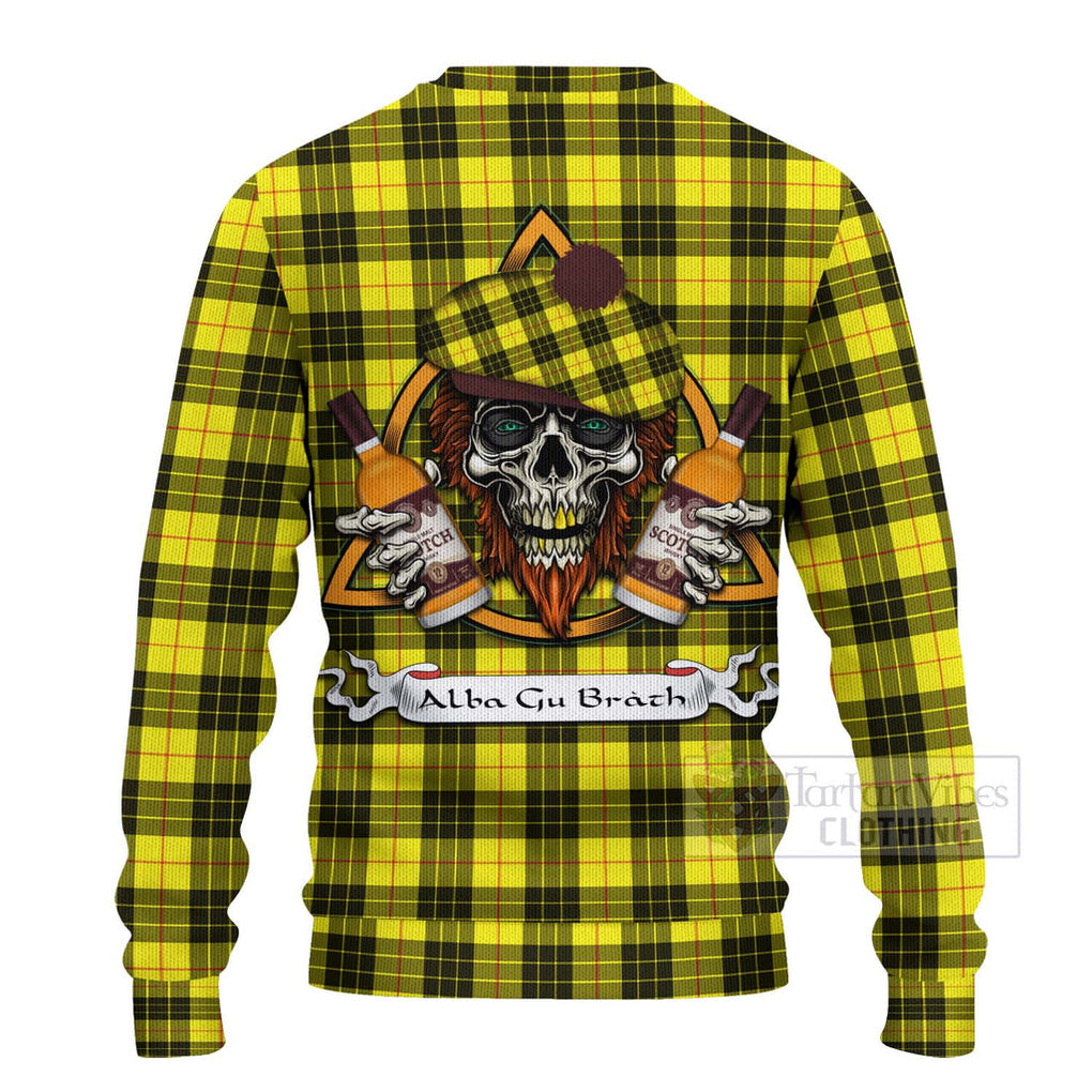 Tartan Vibes Clothing MacLeod (McLeod) Tartan Knitted Sweater with Family Crest and Bearded Skull Holding Bottles of Whiskey