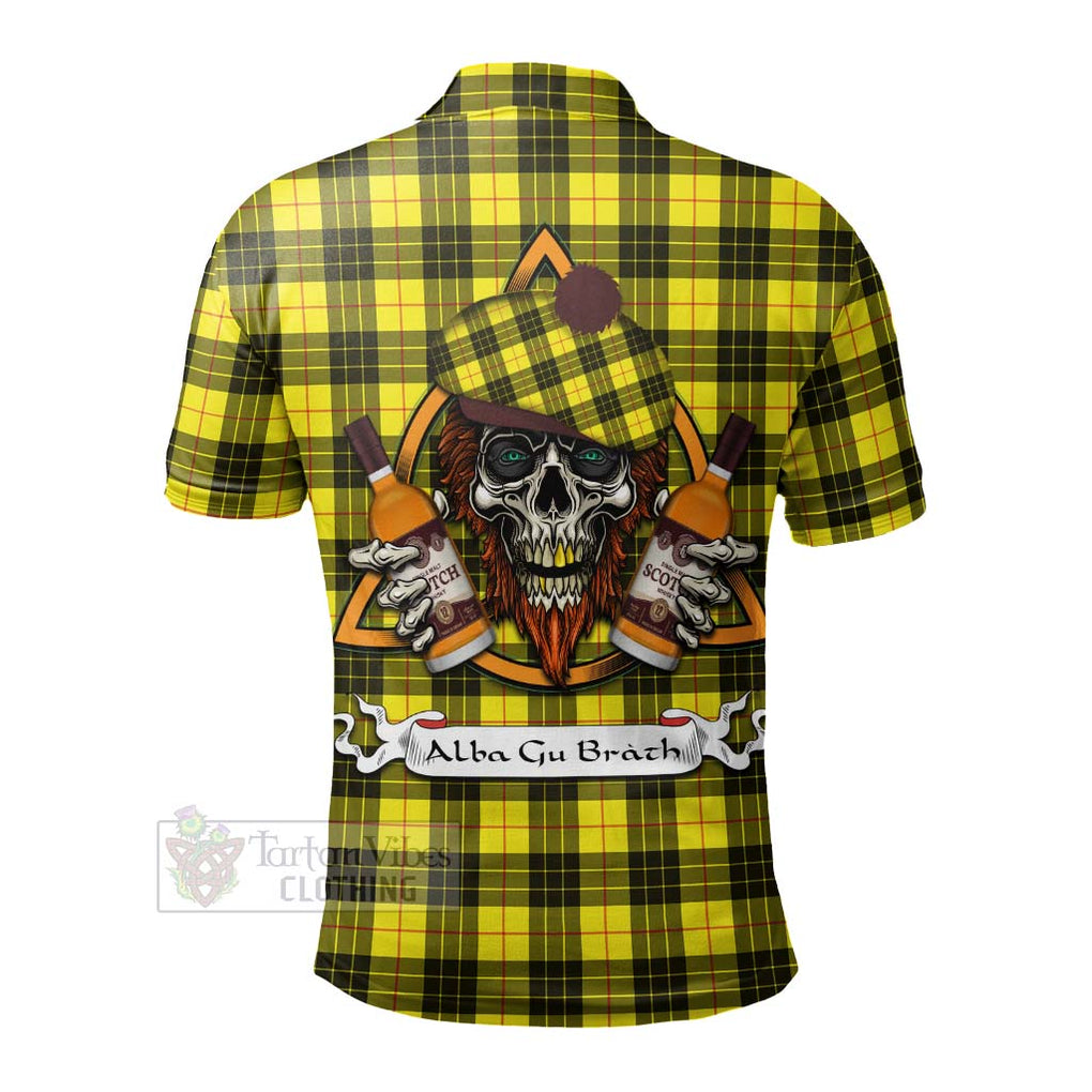 Tartan Vibes Clothing MacLeod (McLeod) Tartan Polo Shirt with Family Crest and Bearded Skull Holding Bottles of Whiskey