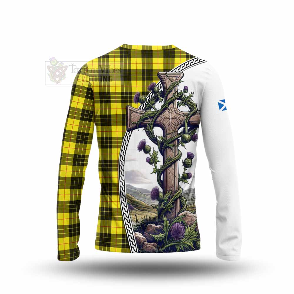 Tartan Vibes Clothing MacLeod (McLeod) Tartan Long Sleeve T-Shirt with Family Crest and St. Andrew's Cross Accented by Thistle Vines