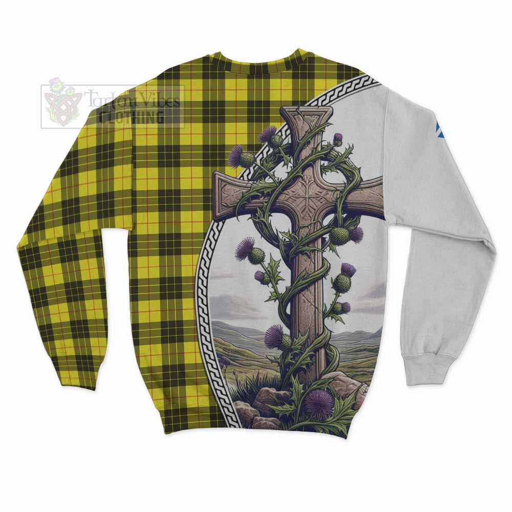 Tartan Vibes Clothing MacLeod (McLeod) Tartan Sweatshirt with Family Crest and St. Andrew's Cross Accented by Thistle Vines