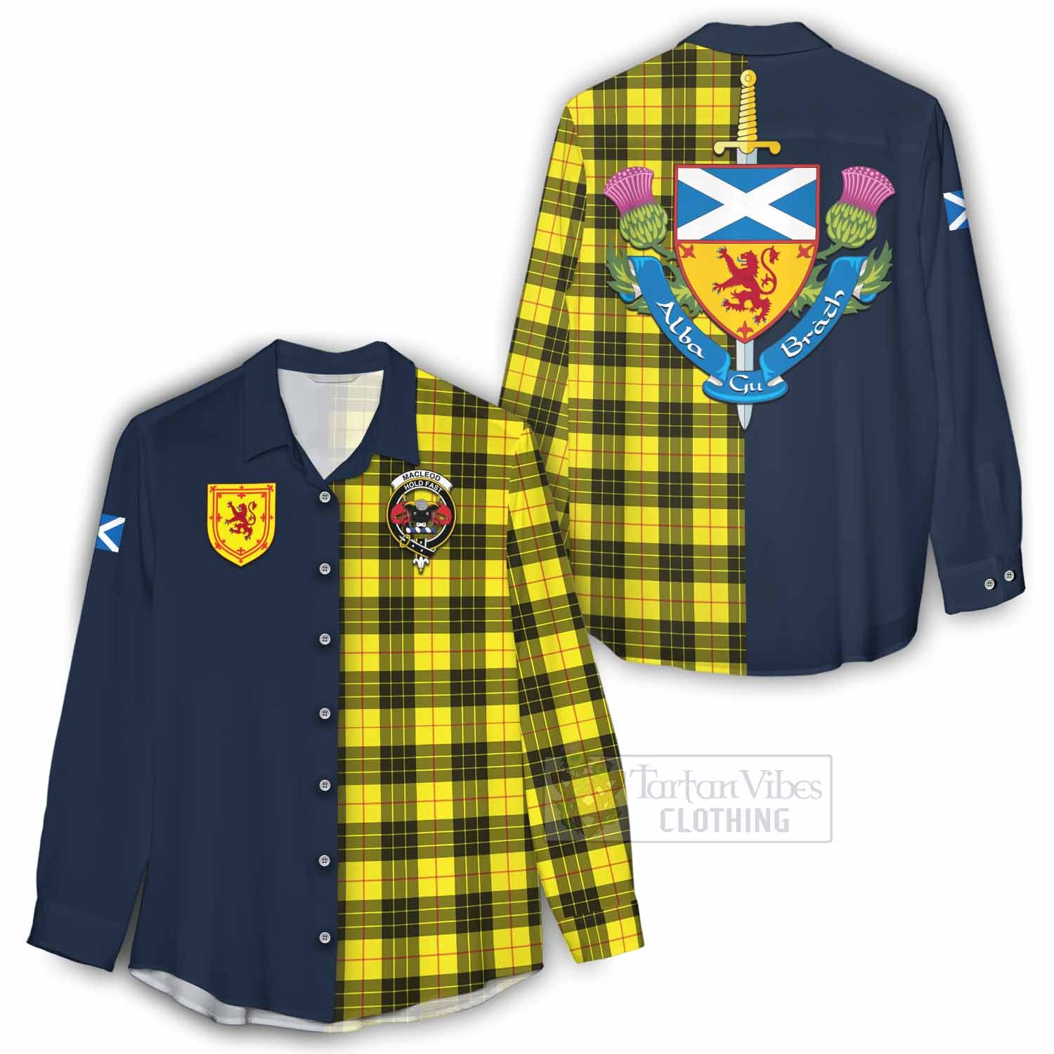 Tartan Vibes Clothing MacLeod (McLeod) Tartan Women's Casual Shirt Alba with Scottish Lion Royal Arm Half Style