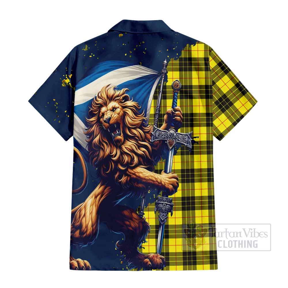 Tartan Vibes Clothing MacLeod (McLeod) Tartan Family Crest Short Sleeve Button Shirt with Scottish Majestic Lion