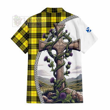 MacLeod (McLeod) Tartan Short Sleeve Button Shirt with Family Crest and St. Andrew's Cross Accented by Thistle Vines