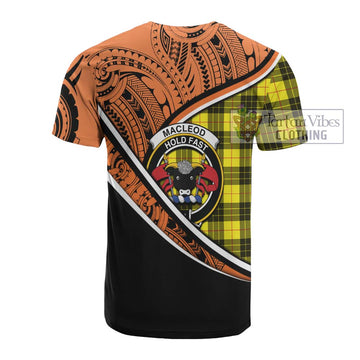 MacLeod (McLeod) Crest Tartan Cotton T-shirt with Polynesian Vibes Style - Orange Version