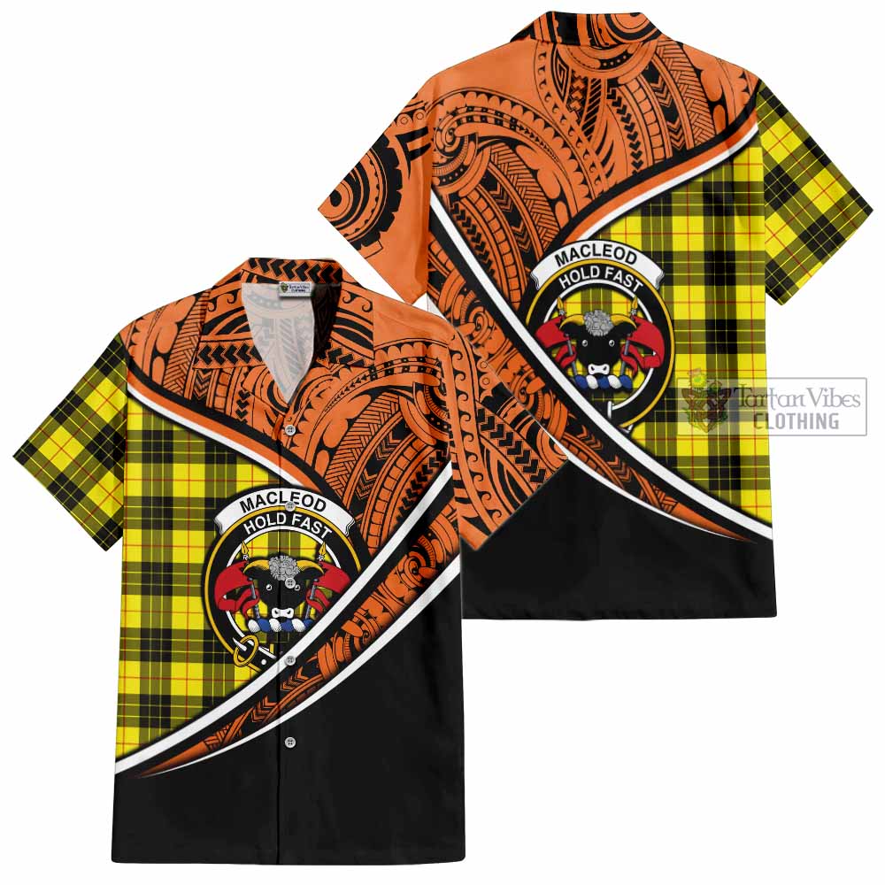 Tartan Vibes Clothing MacLeod (McLeod) Crest Tartan Short Sleeve Button Shirt with Maori Tattoo Style - Orange Version