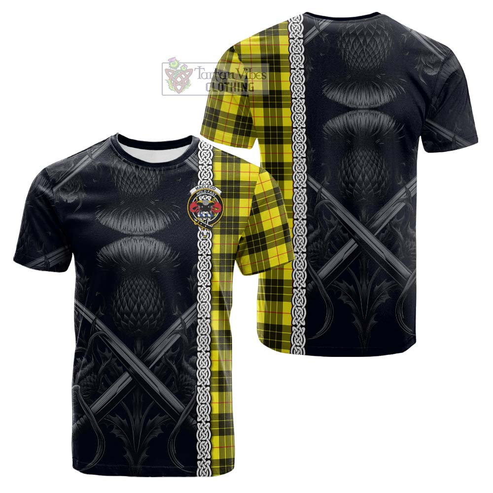 Tartan Vibes Clothing MacLeod (McLeod) Tartan Cotton T-shirt with Family Crest Cross Sword Thistle Celtic Vibes