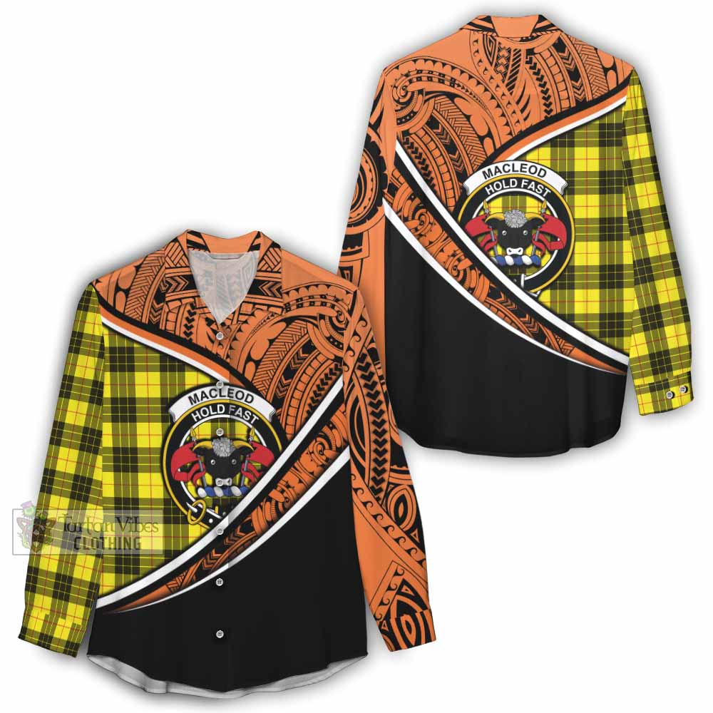 Tartan Vibes Clothing MacLeod (McLeod) Crest Tartan Women's Casual Shirt with Maori Tattoo Style - Orange Version