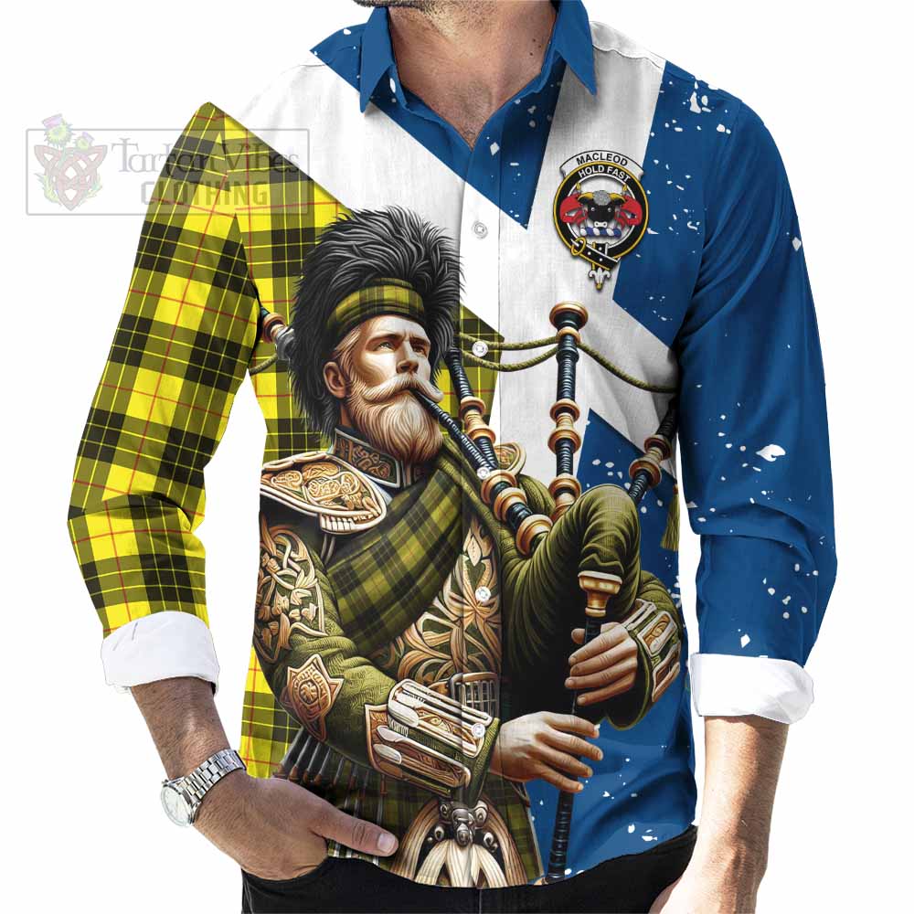 Tartan Vibes Clothing MacLeod (McLeod) Tartan Long Sleeve Button Shirt with Family Crest Scottish Bagpiper Vibes