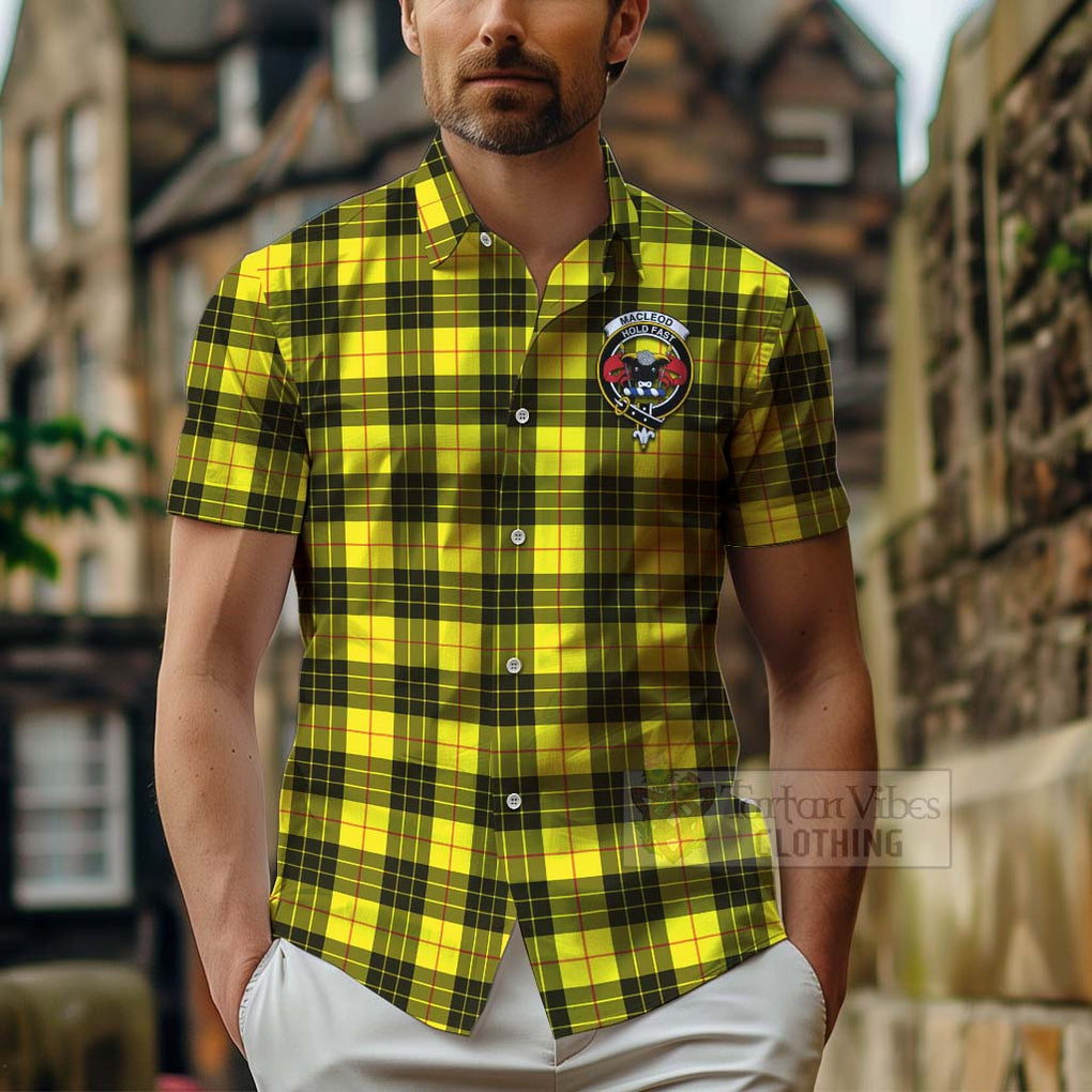 Tartan Vibes Clothing MacLeod (McLeod) Tartan Short Sleeve Button Shirt with Family Crest and Bearded Skull Holding Bottles of Whiskey