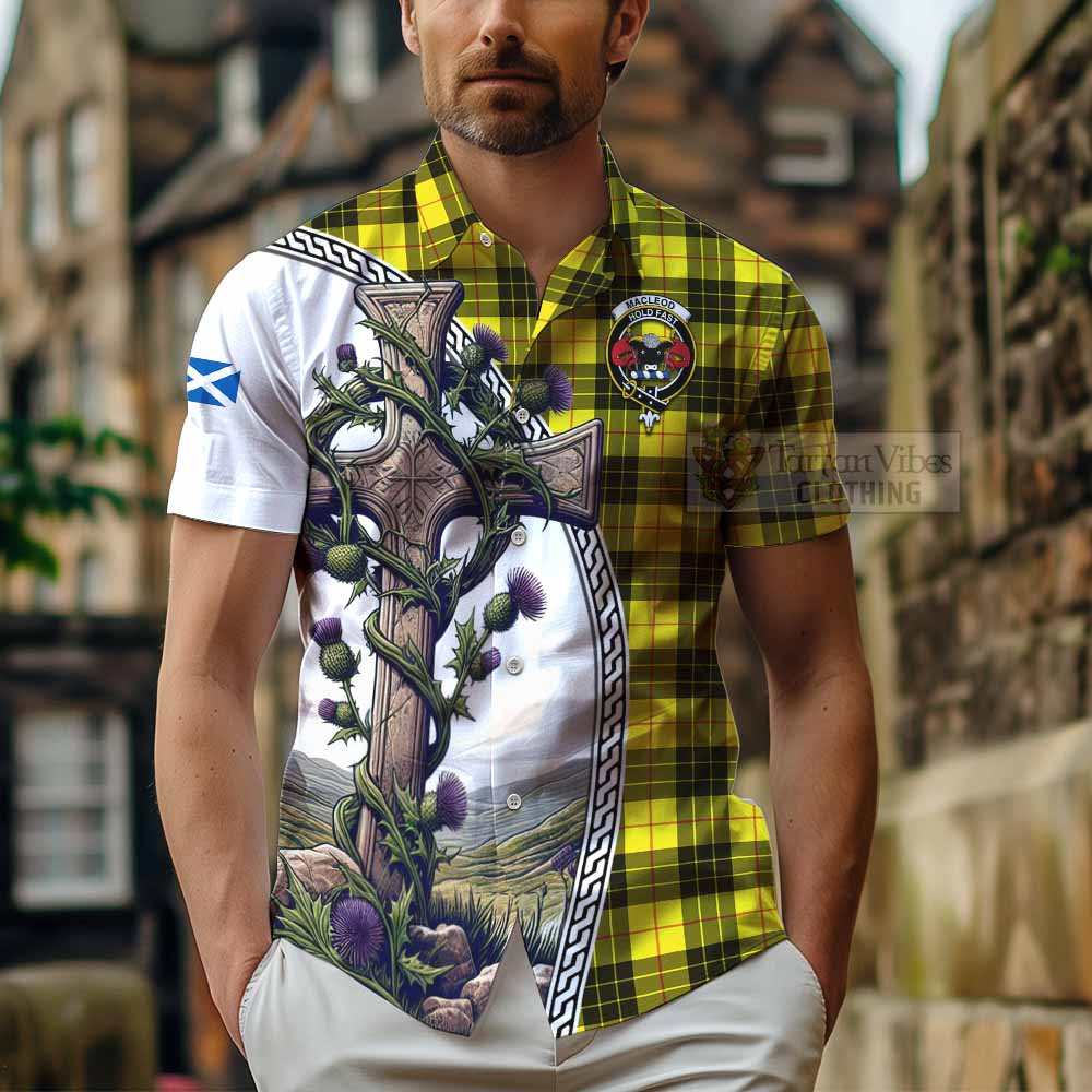 Tartan Vibes Clothing MacLeod (McLeod) Tartan Short Sleeve Button Shirt with Family Crest and St. Andrew's Cross Accented by Thistle Vines