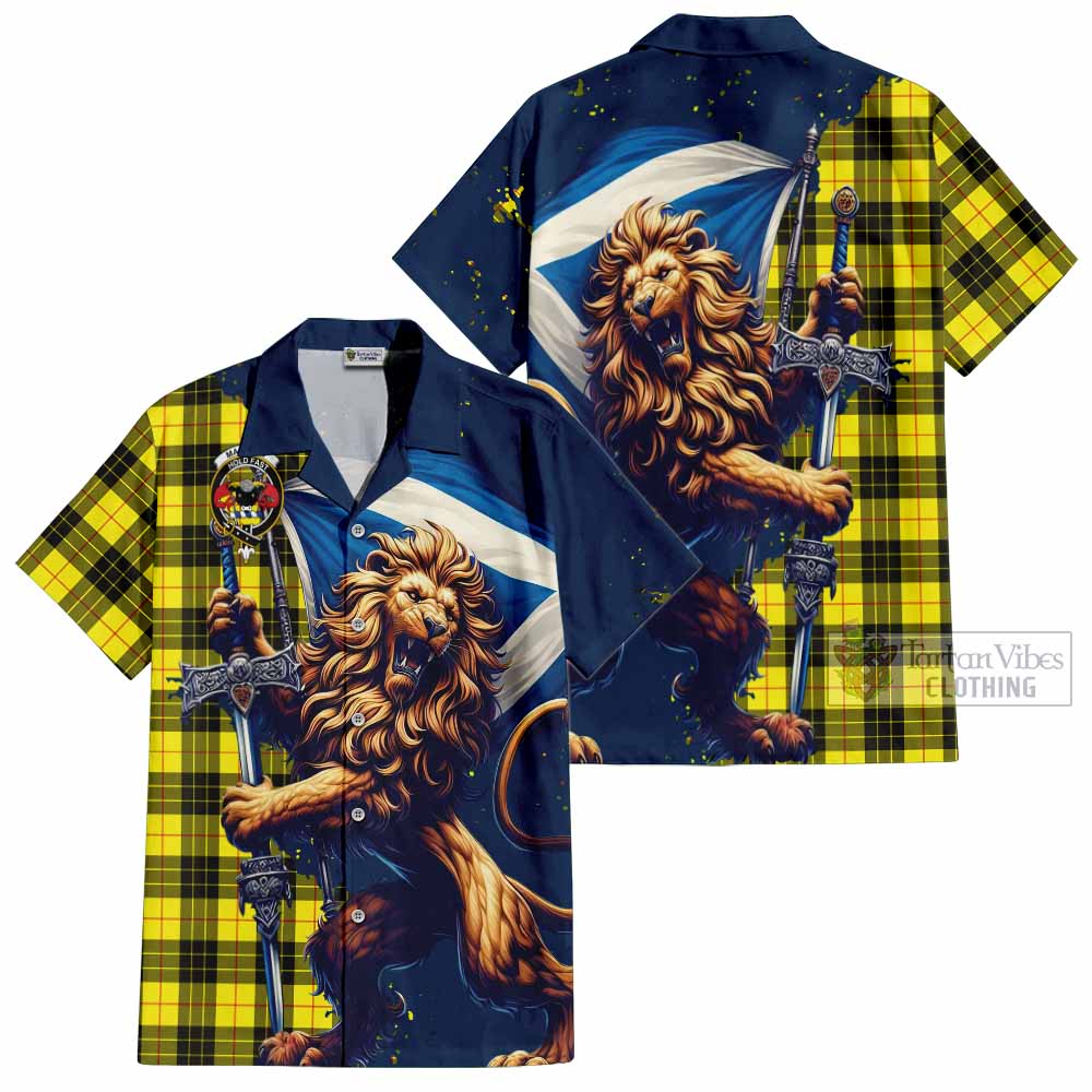 Tartan Vibes Clothing MacLeod (McLeod) Tartan Family Crest Short Sleeve Button Shirt with Scottish Majestic Lion