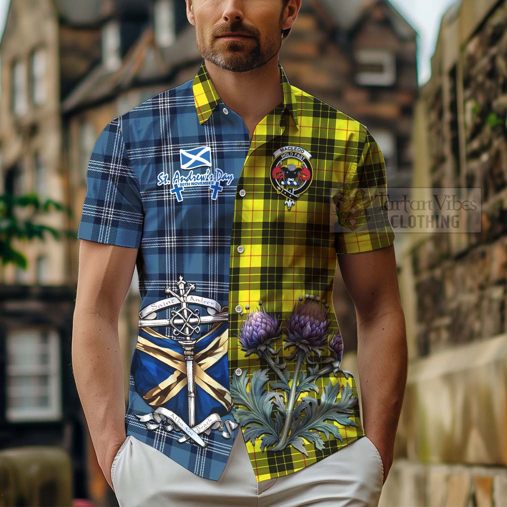 Tartan Vibes Clothing MacLeod (McLeod) Tartan Short Sleeve Button Shirt Happy St. Andrew's Day Half Tartan Style